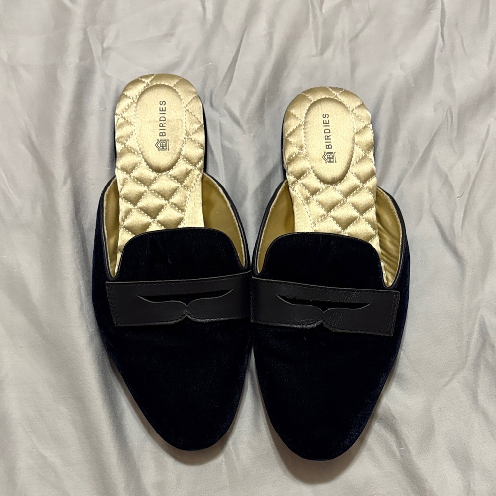 Birdies Navy Phoebe Velvet Mules with Gold Lining